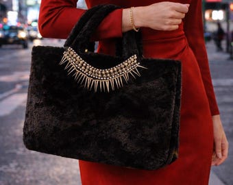 Black Faux Fur Studded Tote, Shoulder Bag, Handmade Y2K Punk Handbag, Gift for Her