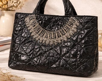 Black Quilted Tote , Beaded Detail Shoulder Handbag,  Oversized Chic Purse ,Handmade Statement Bag