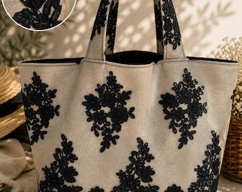 Elegant Tulle Appliqué Fabric Tote, Handmade Beige Shoulder Carryall, Floral Mesh Overlay Shopper, Lined Everyday Accessory, Gift for Her