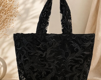 Elegant Embroidered Carryall, Sheer Overlay Accessory, Fully Lined Shoulder Purse, Evening Inspired Fashion Piece, Handmade Gift
