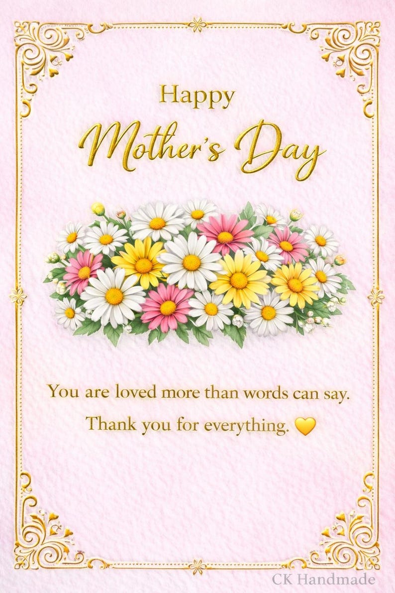 May include: A Mother's Day card with a pink background and gold decorative borders. The card features the text "Happy Mother's Day" in gold script above a bouquet of daisies in white, pink, and yellow. The message "You are loved more than words can say" is also included.