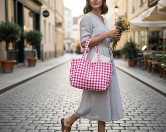 Pink Gingham Tote , Checkered Fabric Shoulder Bag,Summer Beach tote ,Gift For Her