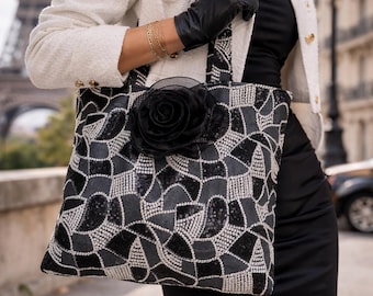 Black Sequin Tote, Black Floral Applique Shoulder Purse, Handmade  Evening Bag,Gift for Women