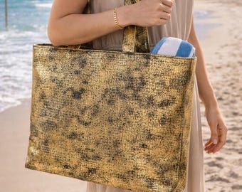 Gold Black Shiny Tote, Handmade Shoulder Handbag, Elegant Fabric Purse, Everyday Chic Style