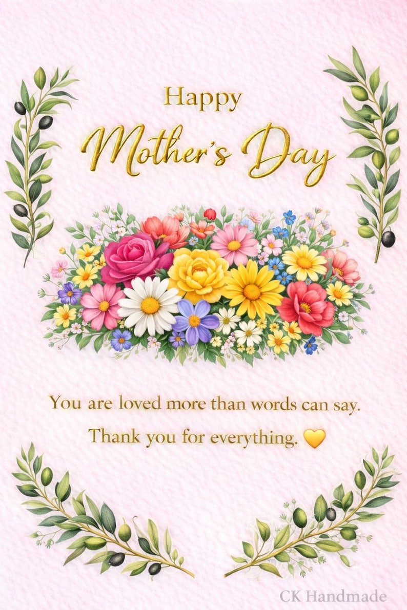 May include: A Mother's Day card with a floral arrangement of pink, yellow, white, and blue flowers. The words "Happy Mother's Day" are in gold script. The card also includes the text "You are loved more than words can say. Thank you for everything."