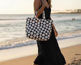 Handmade Monochrome Shopper, Chic Polka Print Carryall, Minimal Fashion Accessory, Elegant Fabric Purse, Everyday Women Style