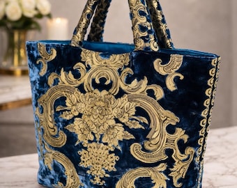 Blue Velvet Tote , Gold Baroque Pattern Bag, Large Lined Shoulder Purse,Elegant Fabric Handbag