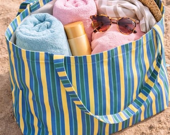 Striped Beach Tote , Large Summer Shoulder Bag, Handmade Fabric Shopper, Vacation Essential