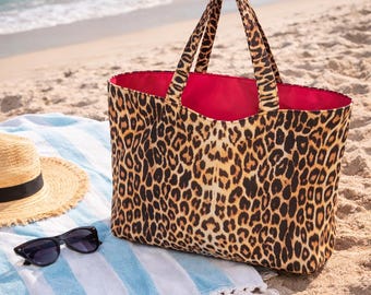 Leopard Print Tote, Pink Satin Lined, Shoulder Bag, Everyday Summer Style ,Gift for Her