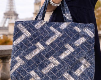 Sequin Denim Tote, Handmade Shoulder Purse, pink Lined Fabric Bag, Everyday Bag