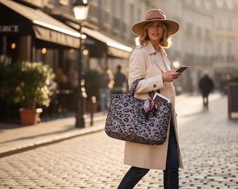 Black Leopard Glitter Tote, Oversized Shoulder Bag, Handmade Statement Handbag, Gift for Women