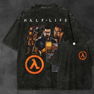 Half-Life-inspirerad unisex t-shirt i tvättad passform, retro FPS-speltröja med grafik, sci-fi-skjutare och vintage PC-spel