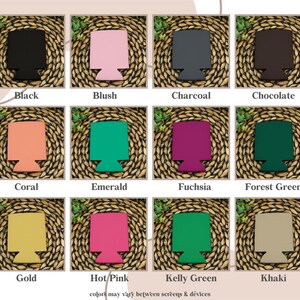 Puede incluir: Un gr&aacute;fico que muestra 12 colores diferentes de enfriadores de latas. Los colores son: negro, rubor, carb&oacute;n, chocolate, coral, esmeralda, fucsia, verde bosque, dorado, rosa intenso, verde kelly y caqui.