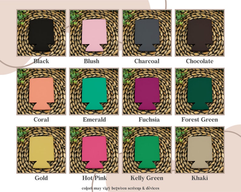 Puede incluir: Un gr&aacute;fico que muestra 12 colores diferentes de enfriadores de latas. Los colores son: negro, rubor, carb&oacute;n, chocolate, coral, esmeralda, fucsia, verde bosque, dorado, rosa intenso, verde kelly y caqui.