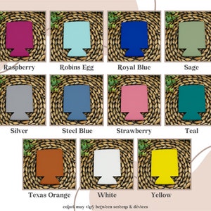 Puede incluir: Surtido de 12 enfriadores de latas de diferentes colores. Los colores incluyen frambuesa, azul huevo de robin, azul real, salvia, plata, azul acero, fresa, azul verdoso, naranja de Texas, blanco y amarillo.