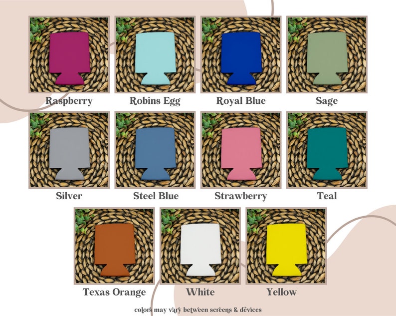 Puede incluir: Surtido de 12 enfriadores de latas de diferentes colores. Los colores incluyen frambuesa, azul huevo de robin, azul real, salvia, plata, azul acero, fresa, azul verdoso, naranja de Texas, blanco y amarillo.