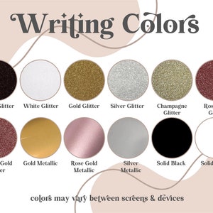 Puede incluir: Un gr&aacute;fico que muestra diferentes colores de purpurina y met&aacute;licos para escribir. Los colores incluyen purpurina negra, purpurina blanca, purpurina dorada, purpurina plateada, purpurina champ&aacute;n, purpurina oro rosa, purpurina oro amarillo, met&aacute;lico dorado, met&aacute;lico oro rosa, met&aacute;lico plateado, negro s&oacute;lido y blanco s&oacute;lido.