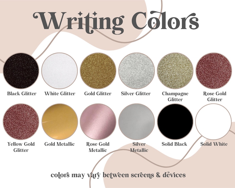 Puede incluir: Un gr&aacute;fico que muestra diferentes colores de purpurina y met&aacute;licos para escribir. Los colores incluyen purpurina negra, purpurina blanca, purpurina dorada, purpurina plateada, purpurina champ&aacute;n, purpurina oro rosa, purpurina oro amarillo, met&aacute;lico dorado, met&aacute;lico oro rosa, met&aacute;lico plateado, negro s&oacute;lido y blanco s&oacute;lido.