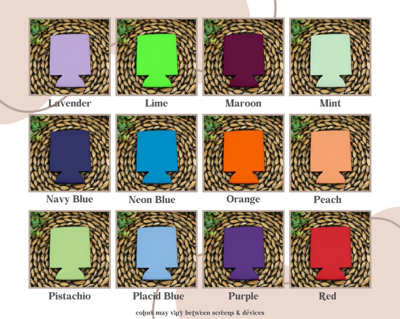 Puede incluir: Doce enfriadores de latas de diferentes colores, mostrados en una superficie de mimbre tejido. Los colores son lavanda, lima, granate, menta, azul marino, azul ne&oacute;n, naranja, melocot&oacute;n, pistacho, azul pl&aacute;cido, morado y rojo.
