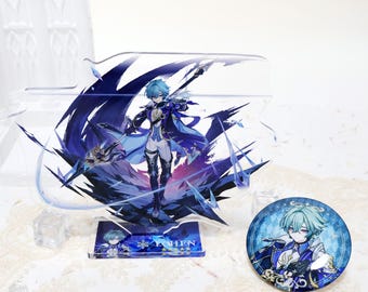 Soporte acrílico de edición limitada de Genshin Impact Lohen y placas metálicas de níquel plateado cepillado.