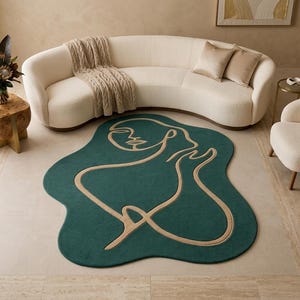Abstract Line Art Face Rug - Irregular Shape Hand Tufted Carpet - Minimalist Female Body Outline Floor Mat - Mid Century Modern Rug
