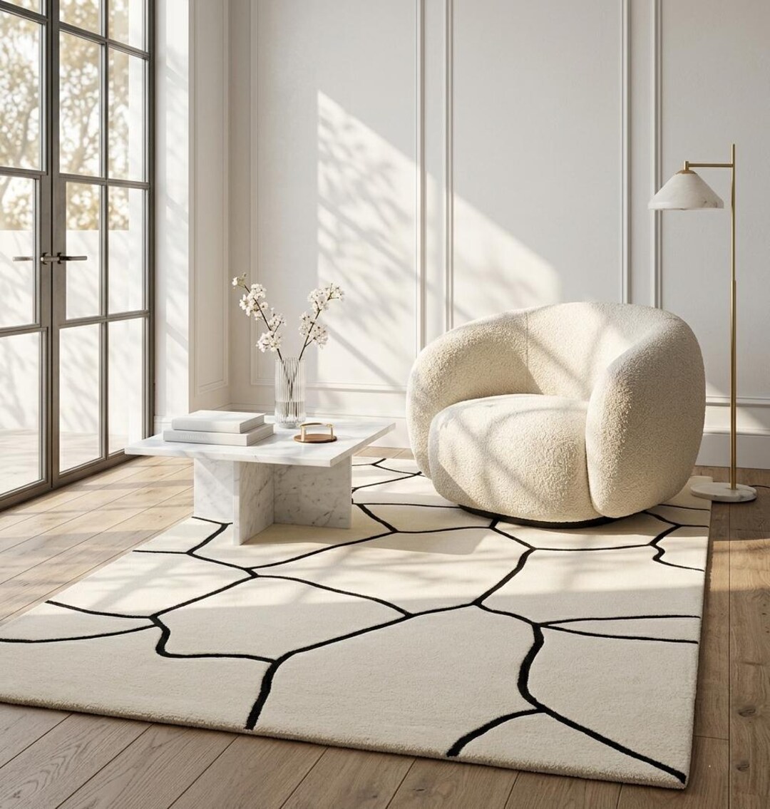 White Abstract Pattern Area Rug Modern Abstract White Area Rug, Minimalist Black Line Carpet ...