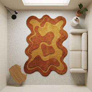 Irregular Shape Wavy Rug - Abstract Tufted Area Carpet for Living Room - Mid Century Modern Retro 70s Floor Mat - Earthy Neutral Rug