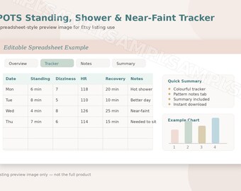 POTS Standing, Shower & Near-Faint Tracker | Dysautonomia Episode Log | Printable PDF + Spreadsheet
