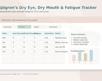 Sjögren’s Dry Eye, Dry Mouth & Fatigue Tracker | Daily Routine Planner | Printable PDF + Spreadsheet
