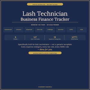 May include: A navy blue digital download graphic with gold text and accents. It's a "Lash Technician Business Finance Tracker" for the 2025/26 tax year, designed for UK sole traders. Includes sections for income, expenses, and tax calculations.
