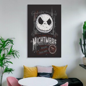 May include: A framed canvas print featuring a graphic from "The Nightmare Before Christmas." The artwork showcases Jack Skellington's face above the film's title in a vintage style. The print is predominantly black, white, and red.
