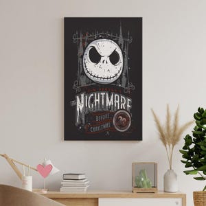 May include: A rectangular black canvas print featuring a distressed design from Tim Burton's "The Nightmare Before Christmas." The artwork showcases Jack Skellington's face above the title, with a "20" anniversary emblem.