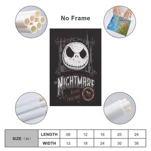 May include: A black canvas print featuring Jack Skellington from "The Nightmare Before Christmas." The image includes the text "The Nightmare Before Christmas" and the number "20." The canvas is available in various sizes, starting at 8 inches in length and 12 inches in width.