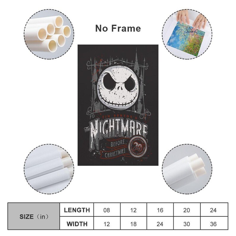 May include: A black canvas print featuring Jack Skellington from "The Nightmare Before Christmas." The image includes the text "The Nightmare Before Christmas" and the number "20." The canvas is available in various sizes, starting at 8 inches in length and 12 inches in width.