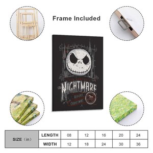 May include: A framed canvas print featuring Jack Skellington from "The Nightmare Before Christmas." The artwork has a black background with a white skull and the movie title. Available in various sizes, with lengths from 8 to 24 inches and widths from 12 to 36 inches.