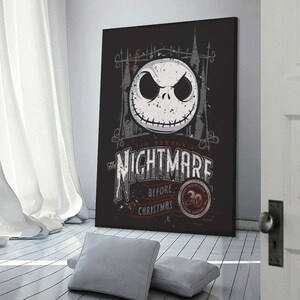 May include: A framed canvas print featuring the iconic Jack Skellington from "The Nightmare Before Christmas." The artwork has a black background with white and red accents, and the movie title is prominently displayed.