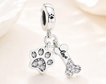 Pingente de Pata e Osso de Cachorro, Ideal para Amantes de Animais de Estimação, Perfeito para Pulseiras Pandora, Joia em Memória de um Cachorro, Presente para Amantes de Cães, Presente para Ela, Presente de Aniversário