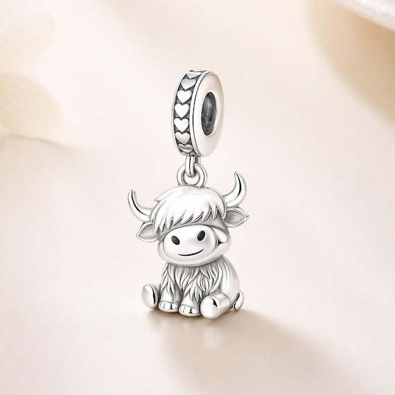 Highland Cow Dangle Charm, Cute Scottish Cow Pendant, Farm Animal Jewelry, Gift for Her, Animal Lover Gift,Pandora Style Charm,Birthday Gift