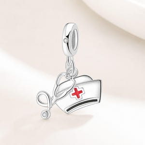 Sjuksköterskehatt-hänge-berlock, medicinskt stetoskop-berlock för Pandora-armband, sjukvårdssmycken, present till sjuksköterska, RN-examen-berlock