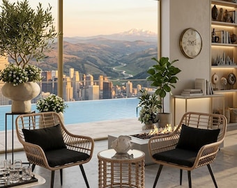 Outdoor Rattan Bistro Set 3 Piece, Wicker Chairs with Cushions and Glass Coffee Table, Small Patio Furniture for Balcony Garden Porch