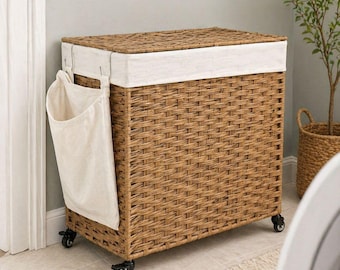 Large Rolling Laundry Hamper with Lid 3 Section Basket with Wheels Foldable Laundry Sorter Removable Liner Woven Rattan Clothes Organizer