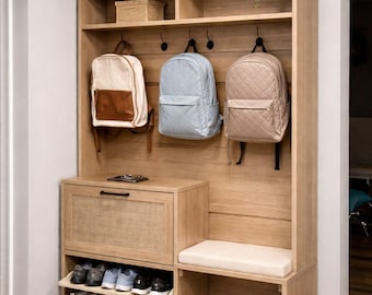 Boho Hall Tree with Bench and Shoe Storage Entryway Coat Rack with Hooks Rattan Cabinet Mudroom Organizer with Cushion Seat