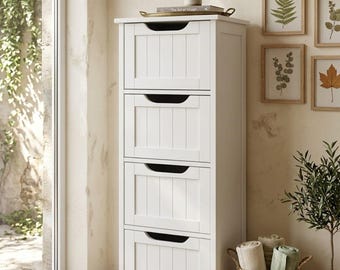 Narrow Bathroom Drawer Cabinet, White Wooden Floor Storage Unit, Small Space Organizer with 4 Drawers, Modern Slim Cabinet for Home