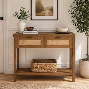 May include: A wooden console table with two woven drawer fronts and a lower shelf. A woven basket sits on the shelf. The table is topped with decorative bowls and a framed landscape print.