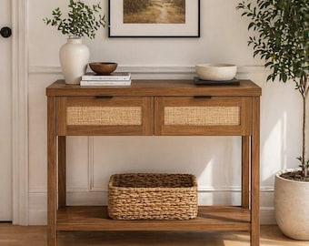 Modern Entryway Table with Rattan Drawers, Narrow Hallway Console Table with Storage Shelves, Small Living Room Accent Table