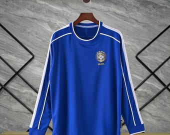 Camiseta retro de fútbol de Brasil, camiseta de fútbol azul a rayas de Brasil, ropa deportiva vintage para hombre.
