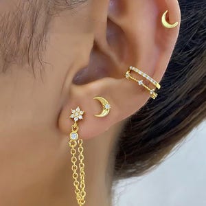 Handmade 14K Gold Plated Moon & Flower Earrings Set | Stainless Steel CZ Chain Stud Earrings | Celestial Piercing Jewelry | 4-Piece Gift for