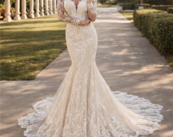 Lace Mermaid Wedding Dress, Long Sleeve V-neck, Elegant Fitted Romantic Bridal Gown Train