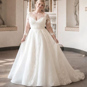 ivory high low wedding dresses Berylove Women Modest Wedding Dress with Long Sleeves A-Line Ivory High Neck Floor-Length Lace Bridal Dress, Ivory / US4 main image 0
