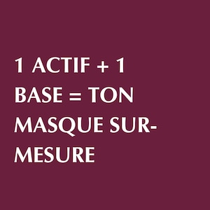 Peut inclure: Un graphique rectangulaire bordeaux profond avec le texte blanc suivant : 1 ACTIF + 1 BASE = TON MASQUE SUR-MESURE. Le design est épuré et minimaliste, utilisant une couleur de fond unie et audacieuse pour mettre en valeur la typographie blanche.